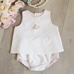White and Pink Diaper Set Ric Rac Trim Hand Embroidery NWT